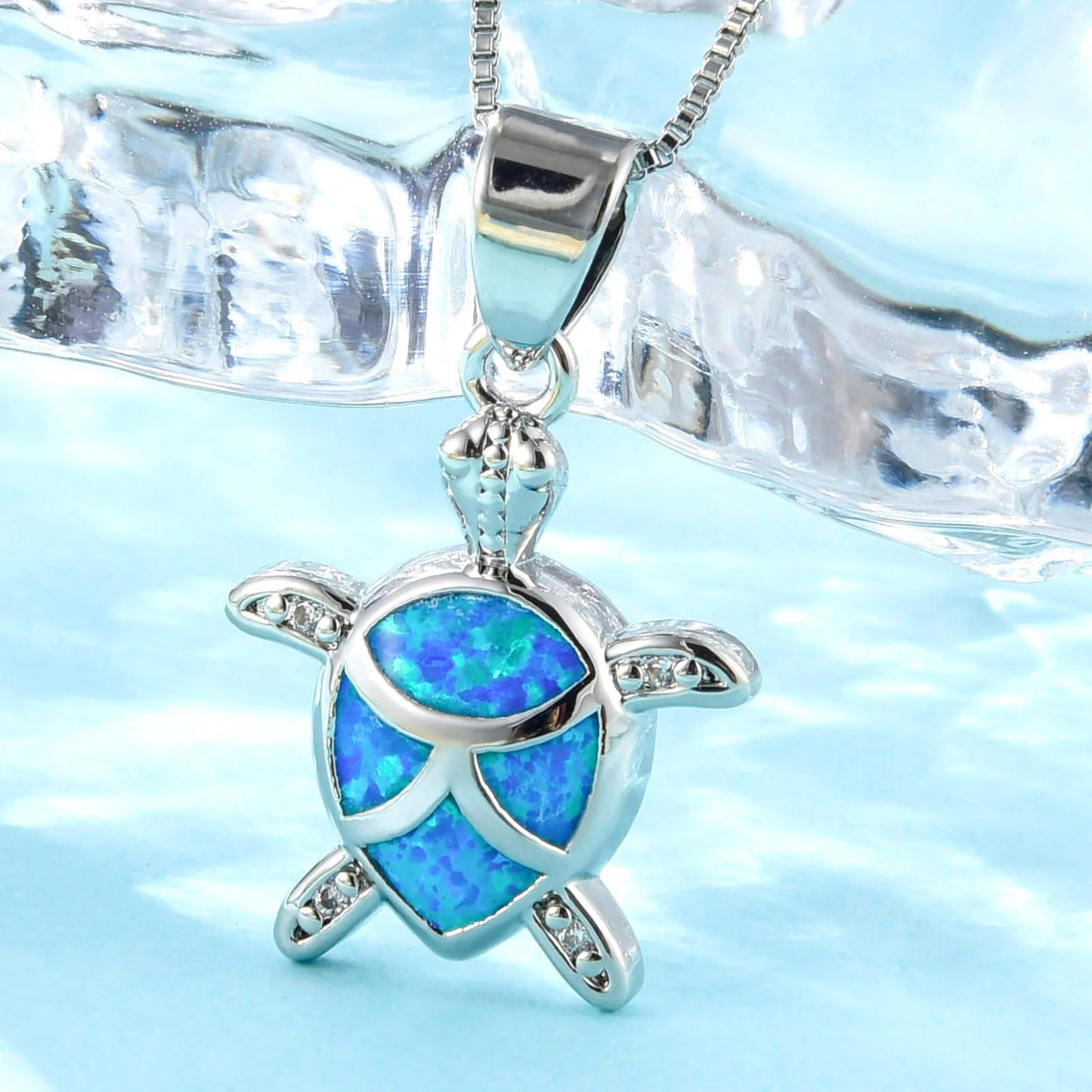 Aobao Hot Hawaiian Ocean Blue Opal Turtle Pendant Necklace European American Fashion Sweater Chain for Women Opal