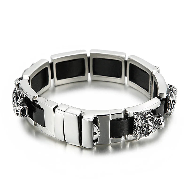 REBEL Punk Fine Jewelry Fashion Bracelets Stainless Steel Leather Tiger Charm Links Bracelet