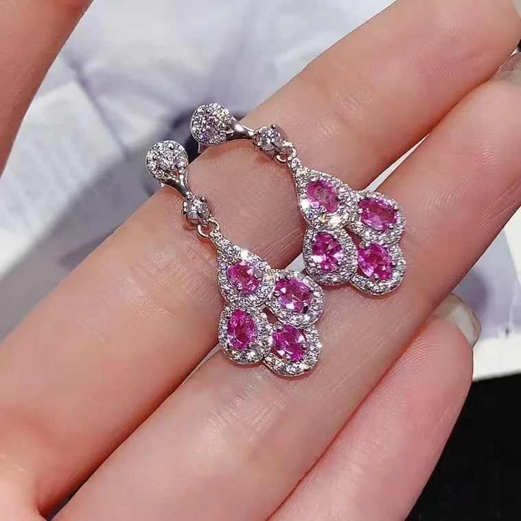 Luxury Wedding Gift Cube Zircon 925 Silver Jewelry Set for Women Pink Sapphire Bridal Earrings  Pendants Necklace