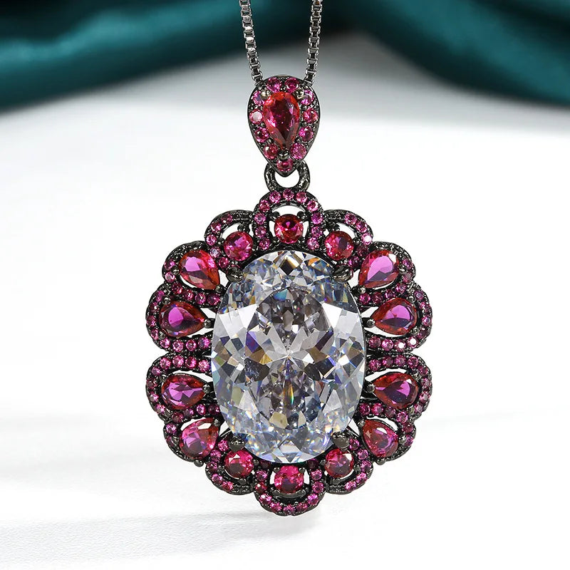 REDheart Fashion Geometry Inlaid Zircon Gold Plated Earrings Black Gray Retro Gold Pendant Necklace Jewelry Set for Party