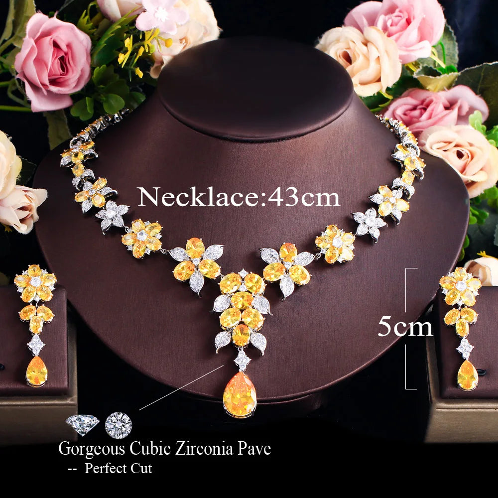 Gorgeous Chic Cubic Zircon Women Luxury 2pcs Sets Necklace and Earrings Wedding Party Yellow Flower Big Jewelry Set for Brides
