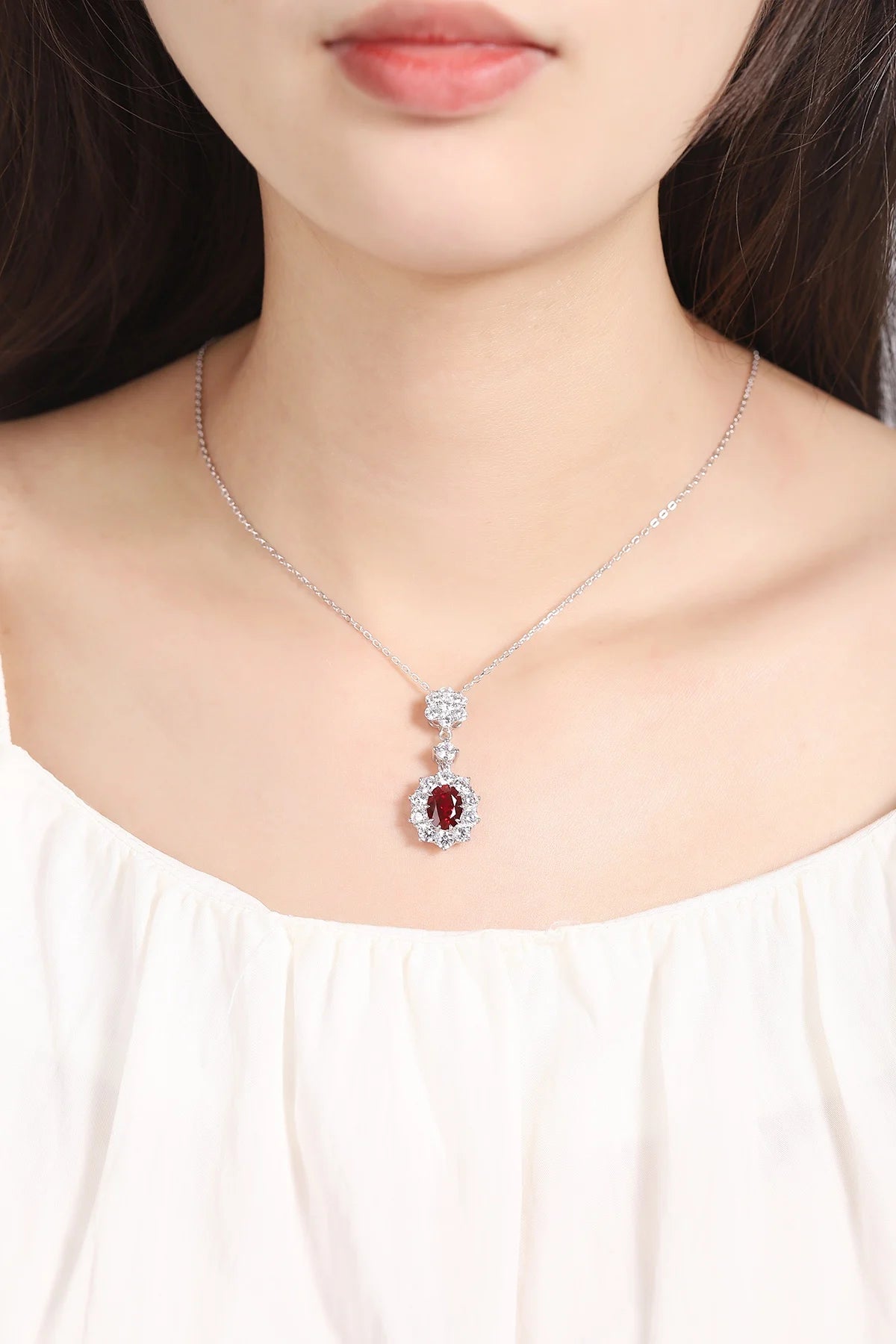 Gemfiori Vintage 3PCS/Set Rhodium Plated Lab Grown Ruby Bridal Ring Necklace Earrings Wedding Anniversary Sets for Engagement Party