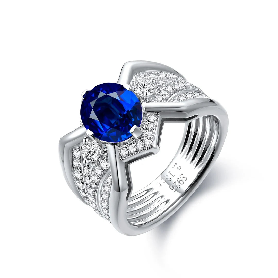 Gemfiori Custom Fine Men's Lab Grown Blue Sapphire 18K 14K Sterling Silver Classic Rhodium Plated Prong Setting Wedding Engagement Ring