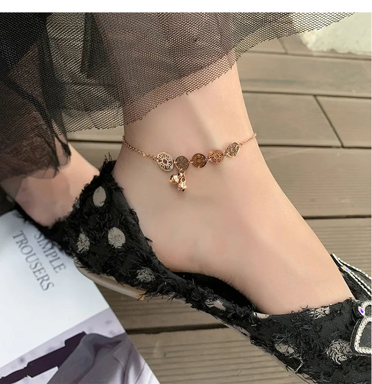 Wholesale Trendy Women Stainless Steel Rose Gold Foot Chain Bracelet Bell Coin Anklet