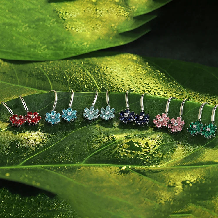 Gemfiori Jewelry Flower Shape Lab Ruby Sterling Silver 925 Jewellery Dangle Drop Earrings for Girl
