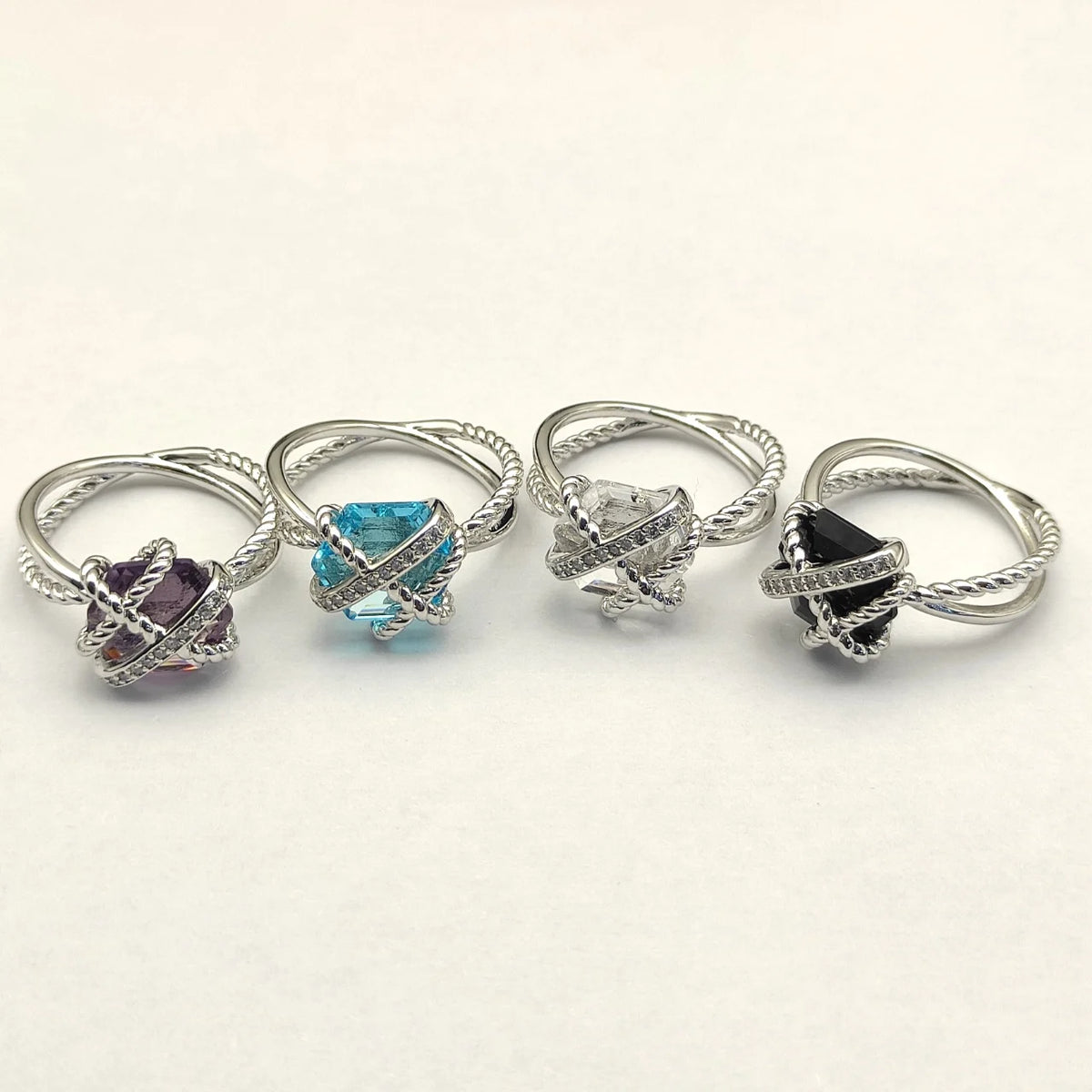 FASHIONISTA DY High-Quality Silver-Plated 11mm Hexagonal Diamond-Set Ring, Silver-Plated Colored Gemstone Inlaid Ring, Jewelry