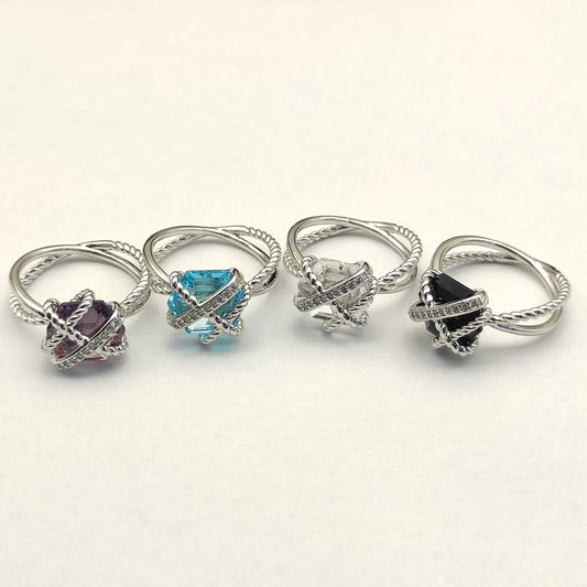 FASHIONISTA DY High-Quality Silver-Plated 11mm Hexagonal Diamond-Set Ring, Silver-Plated Colored Gemstone Inlaid Ring, Jewelry