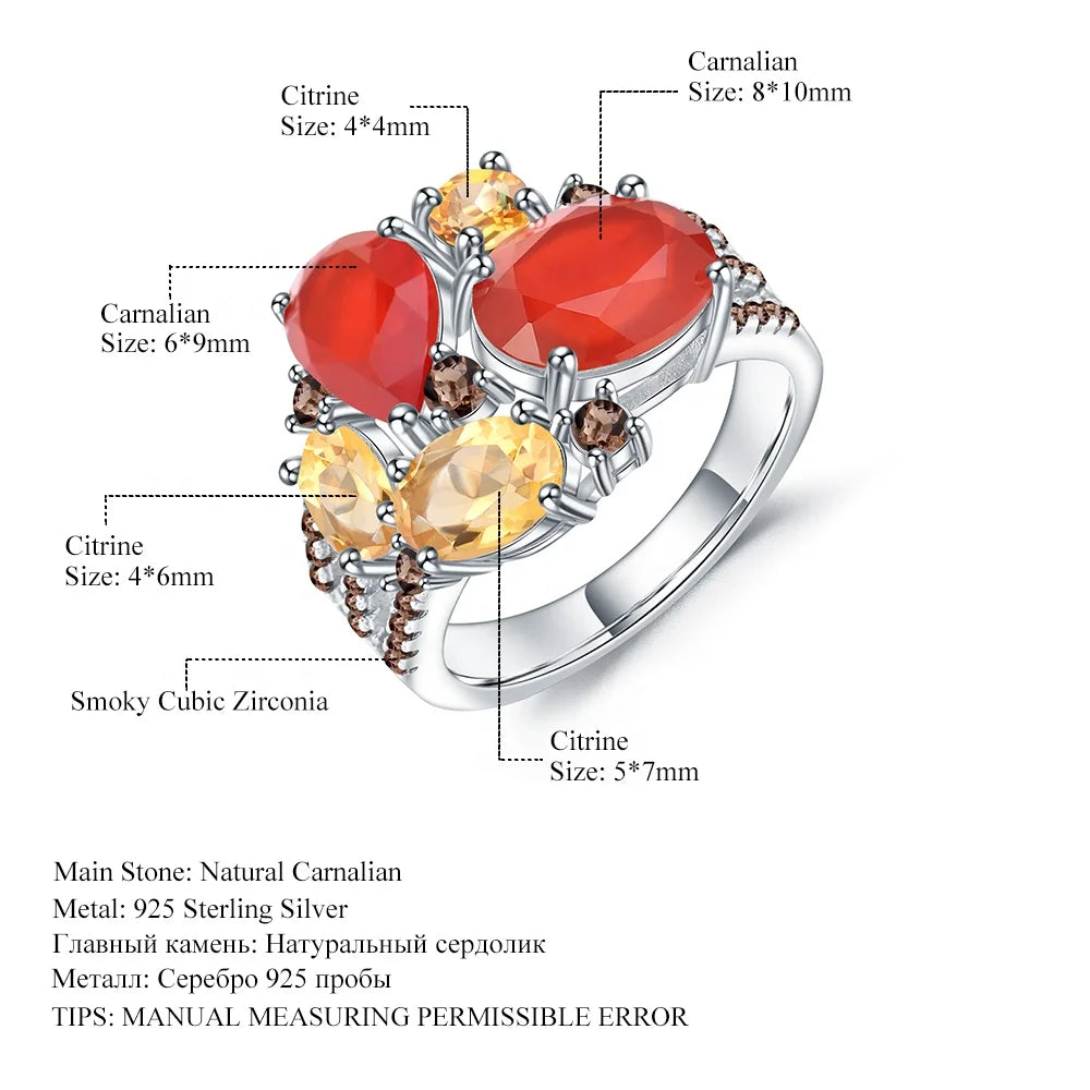 ArtistA C7645 Abiding Multiple Gemstones Natural Carnelian Red Agate Citrine 925 Silver Sterling Cluster Ring Women Jewelry
