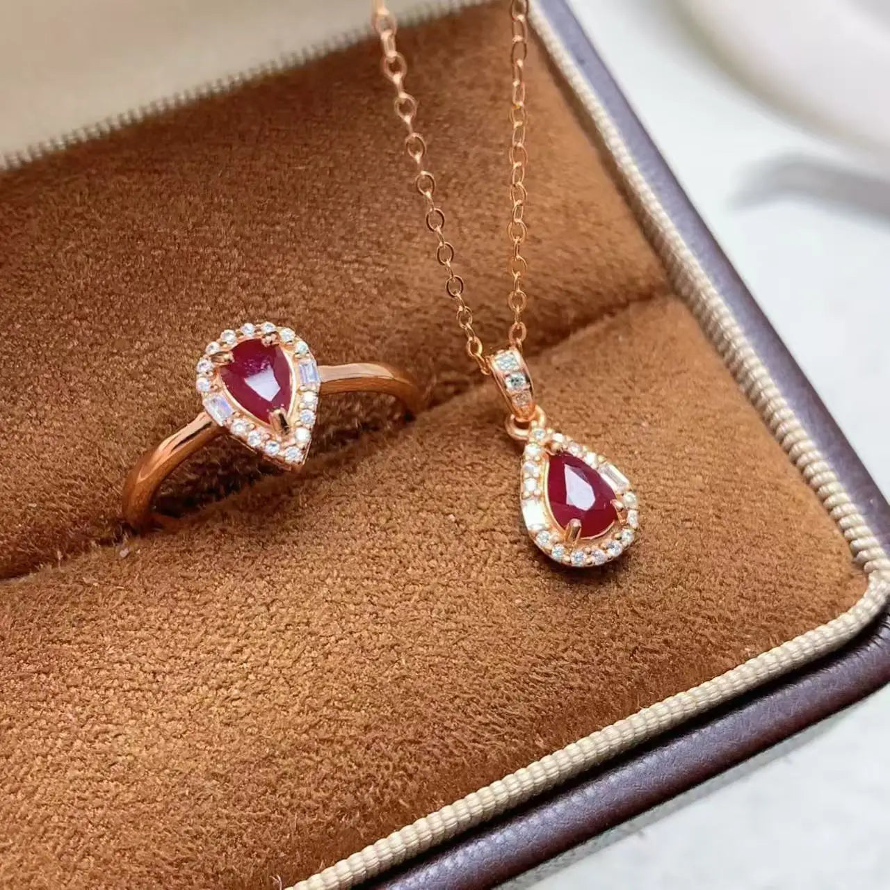 Luxury Natural Ruby Jewelry Set 925 Sterling Silver 18k Gold-plated Necklace Earrings Ring Women's Sets Wedding Engagement Gift