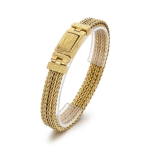 KALEN Men Punk 215mm Stainless Steel Leaf Mark Herringbone Links Bracelet