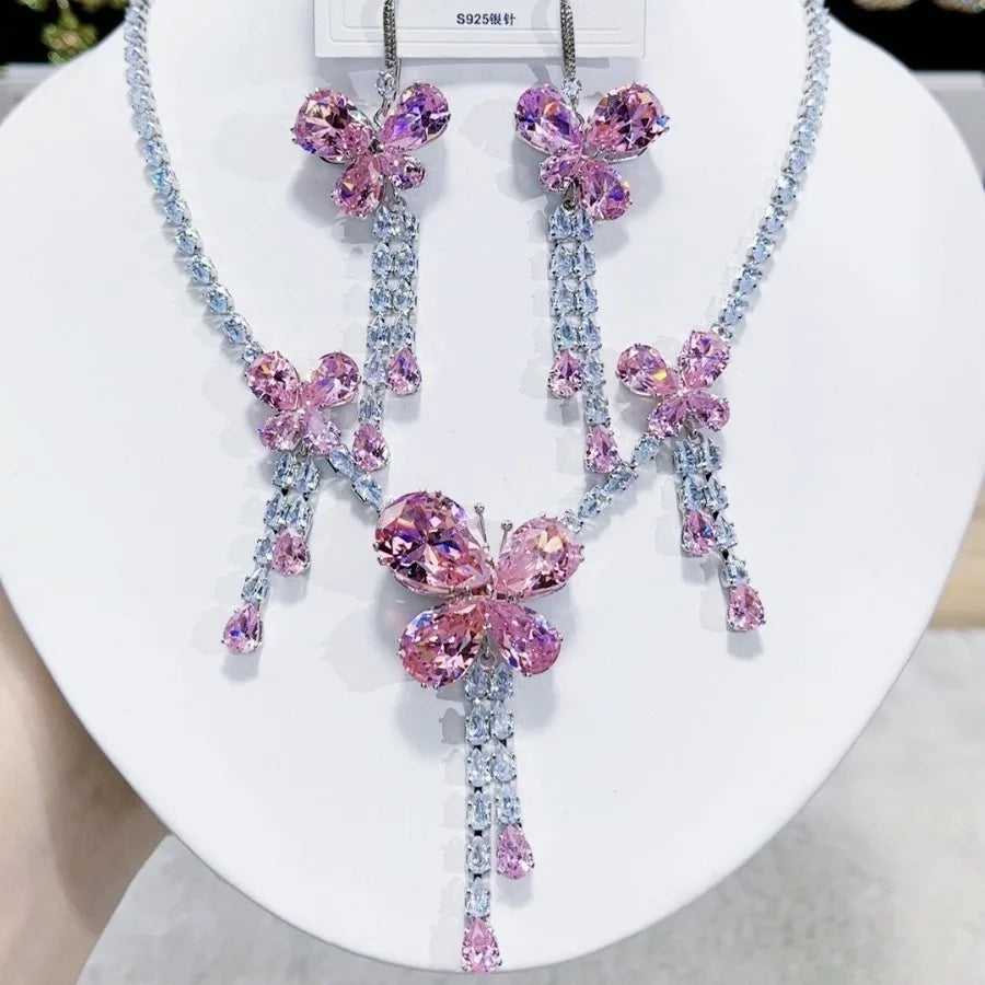 K039 High End Trendy Luxury Exquisite Blue and Pink Zircon Butterfly Necklace Earrings Set Women Elegant Jewelry Set for Party