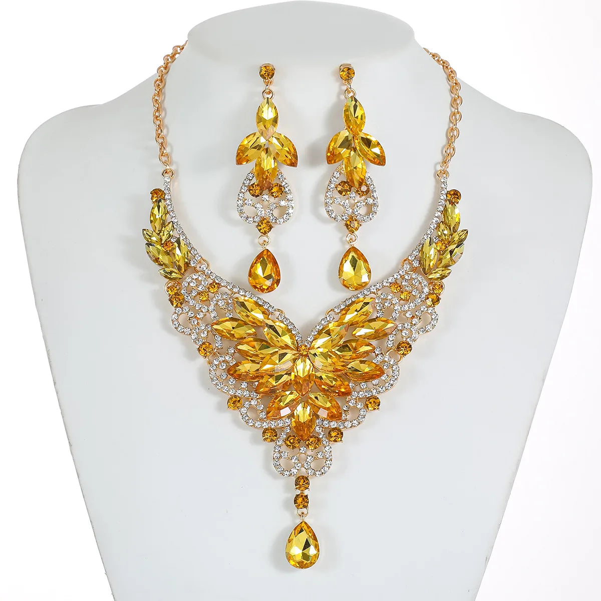 Crystal Stacked Butterfly Necklace & Earrings Jewellery Set | 10 Colours Geometric Glam Fashion Set