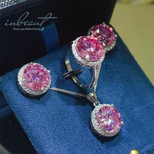 S&S 8ct Pink Moissanite 925 Silver Bridal Jewellery Set | Ring, Earrings & Pendant Necklace | S&S Collection
