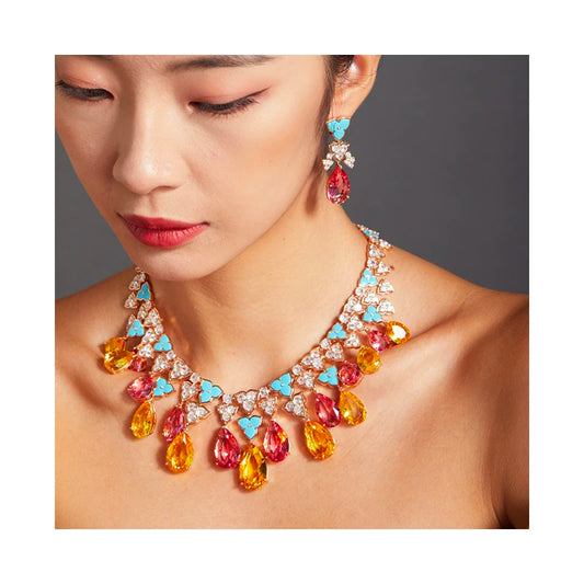 Luxury Full-Paved Pear-Cut Morganite Pink Zirconia Floral Pendant Necklace & Earrings Bridal Set — Gold Plated