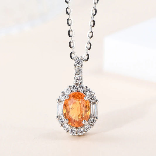 Gioiellieri Fine Jewelry Rhodium Plated 925 Silver Luxury Oval Cut Claw Setting Pendant Necklace for Women Natural Orange Garnet