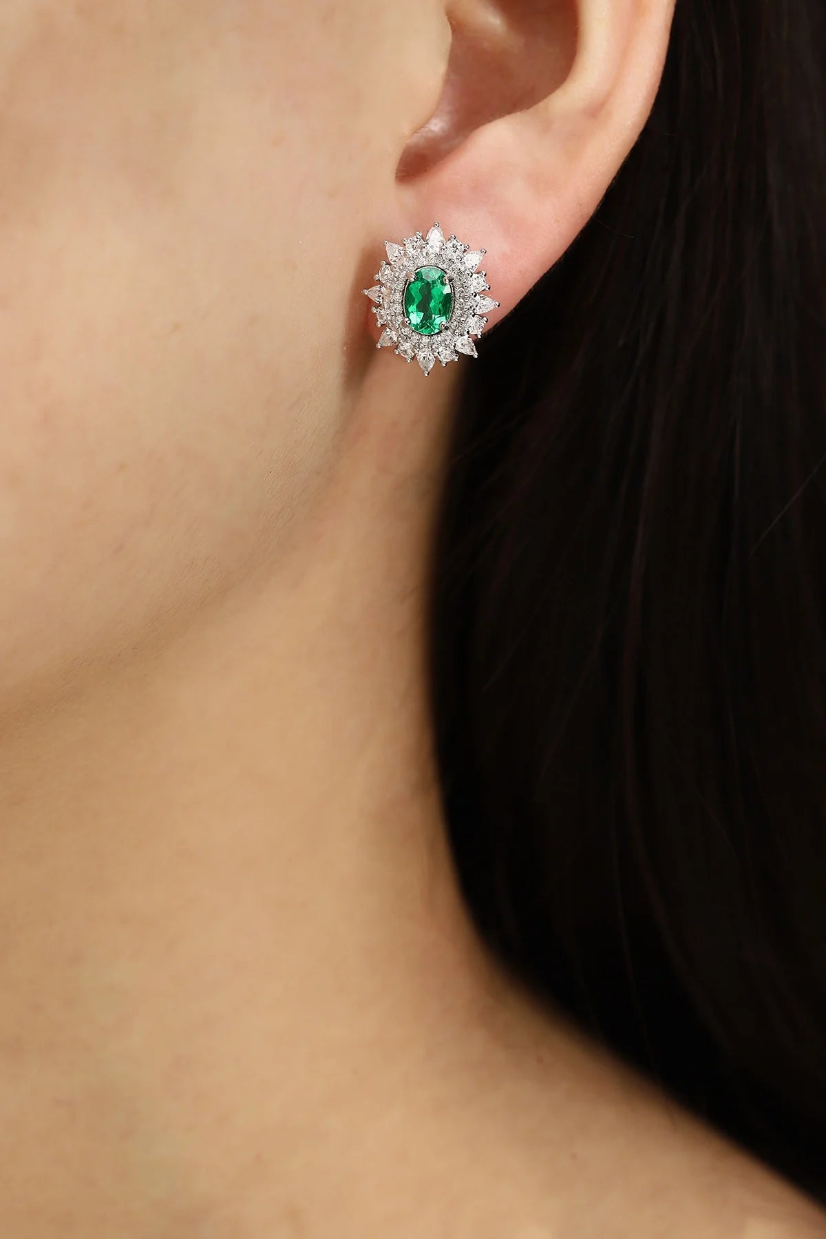 Gemfiori Oval Shape Vintage Lab Grown Emerald Drop Earrings 925 Sterling Silver Rhodium Plated Gift Jewelry