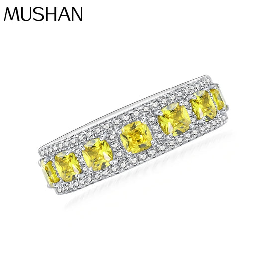 MuShan Jewelry Factory New 0.25ct Light Yellow Fat Square Cut 3.5*3.5 High Carbon Diamond Ring European and American 925 Silver