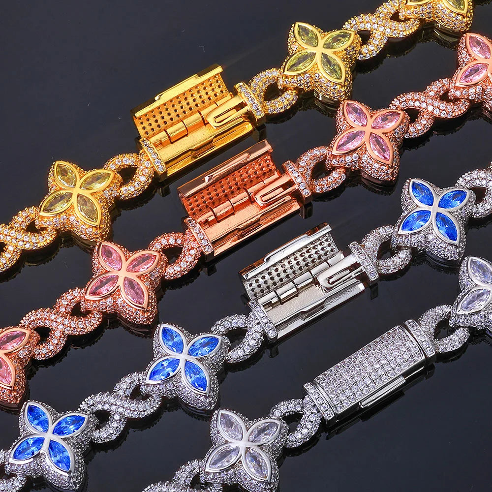 REBEL European American Hip Hop Four Leaf Clover 8-Character Chain Cuban Link Unisex Iron Plant Pattern High-End Bracelet