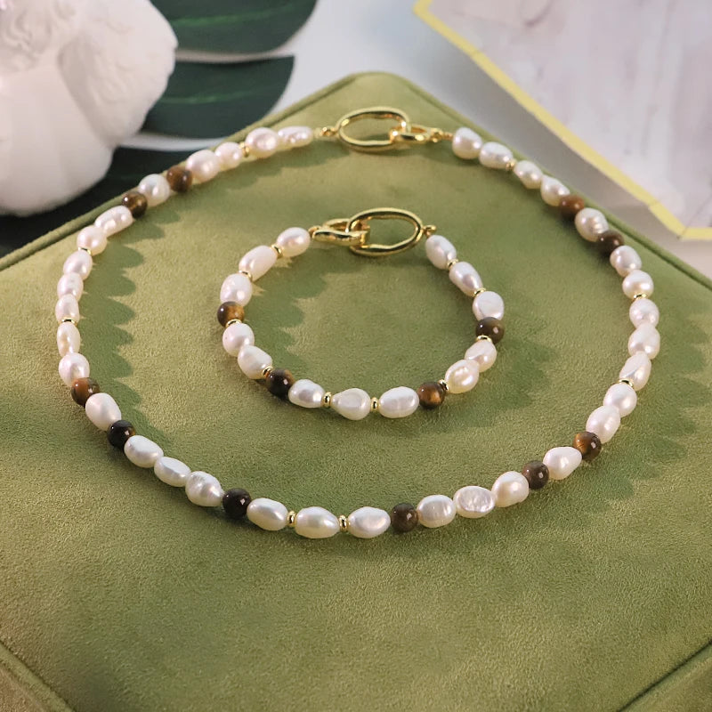 GLSEEVO Natural Freshwater Pearl Tiger Eye Beaded Jewelry Set for Women Birthday Gift Dainty Necklace Bracelet Fashion Jewelry