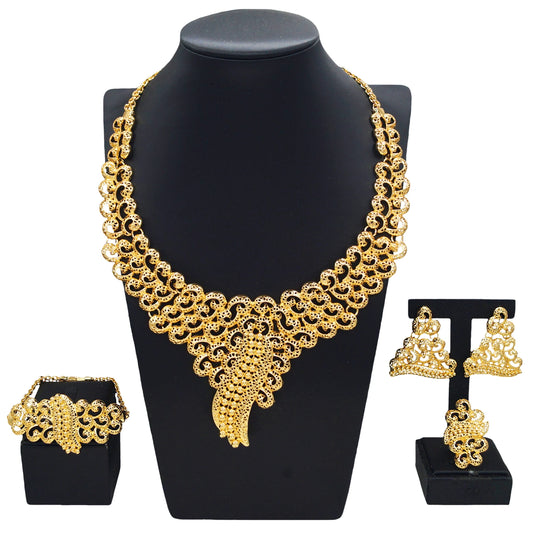 Zhuerrui Luxury Brazilian Jewelry Set Gold Plated Hollow Pattern Noble and Elegant Dubai Proposal Four-piece Wedding Ring Set