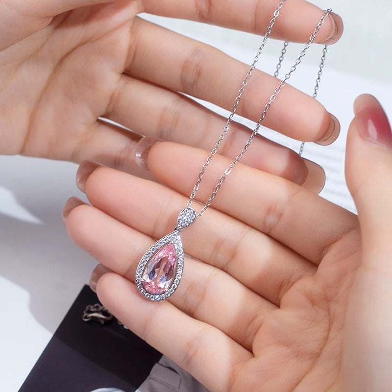 Messi Jewelry MSN-652 Silver 925 Necklace Lab Morganite Pear Cut Pink Channel Setting Diamond Pendant Necklace