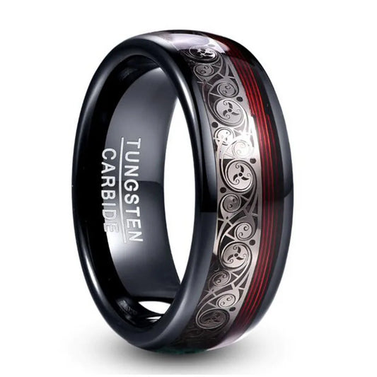 REBEL Fashion Jewelry 8mm Black Tungsten Carbide Ring with Red Guitar String Spiral Pattern Inlay for Men Anniversary Gifts