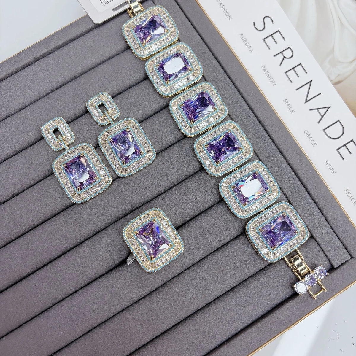 XOTICA TIANSHE Grace Jewelry Unique High End Luxury Brass Blue Zircon Crystal Bracelet Earrings Rings 3pcs Set