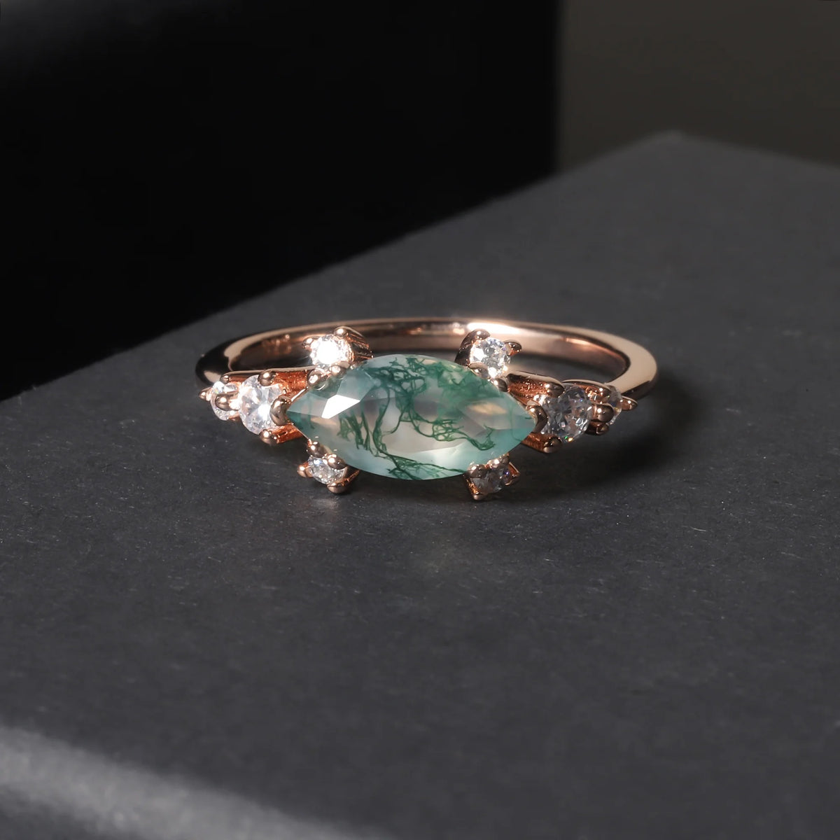 ArtistA Abiding Delicate Summer Jewelry 925 Silver Cubic Zirconia Decoration Natural Green Moss Agate Marquise Cut Ring Necklace Set