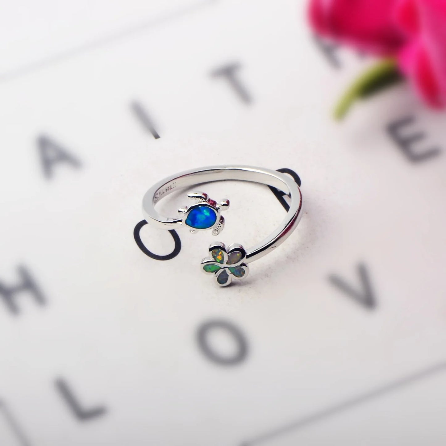 Cute Turtle & Flower Opal Open Ring | Blue/Iridescent Gem Inlay  Band | Nature-Themed Fashion Jewelry for Women
