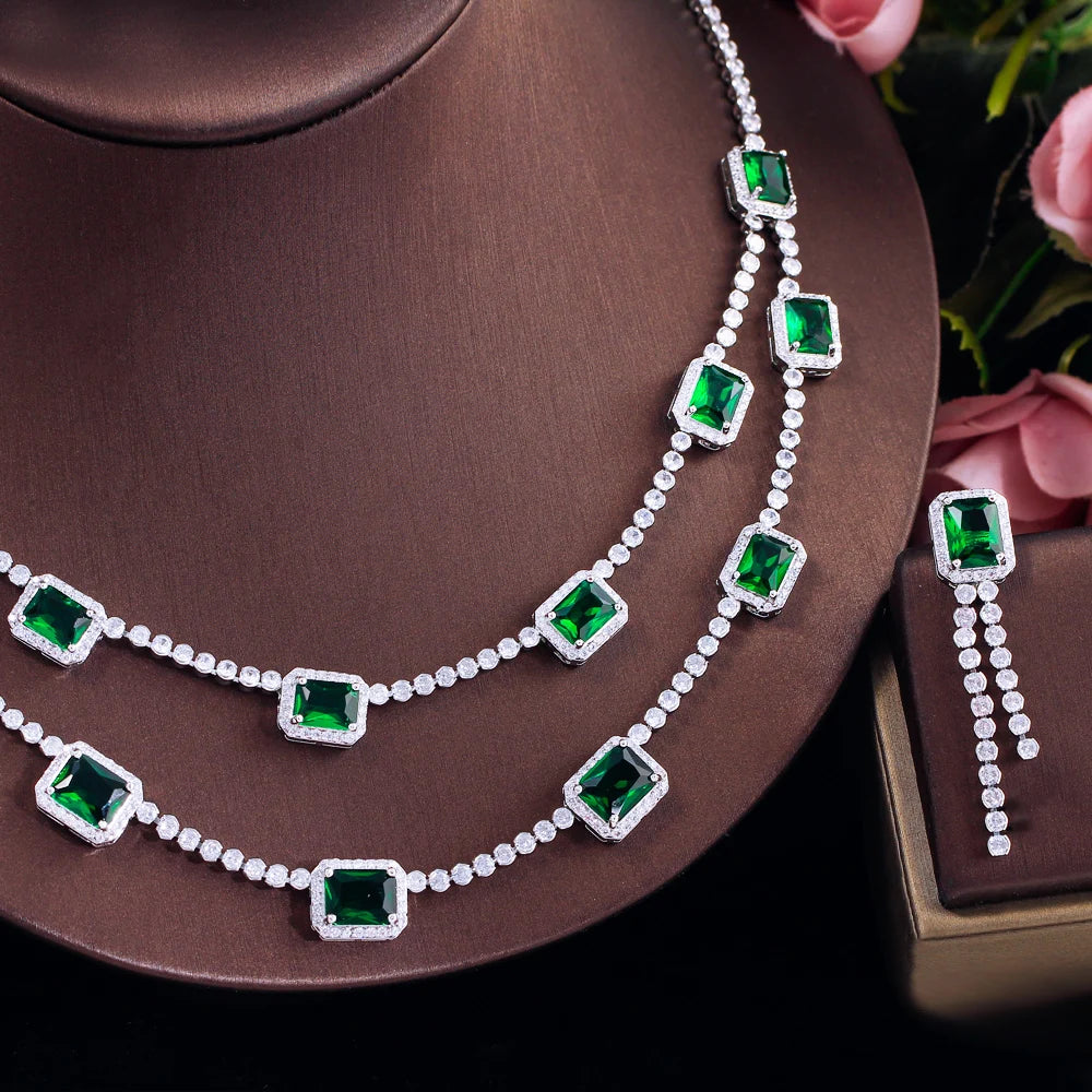 Generous Design Rectangle Cubic Zirconia Necklace and Earrings Set Wedding Bridal Party Green Jewelry Set for Women Accessories