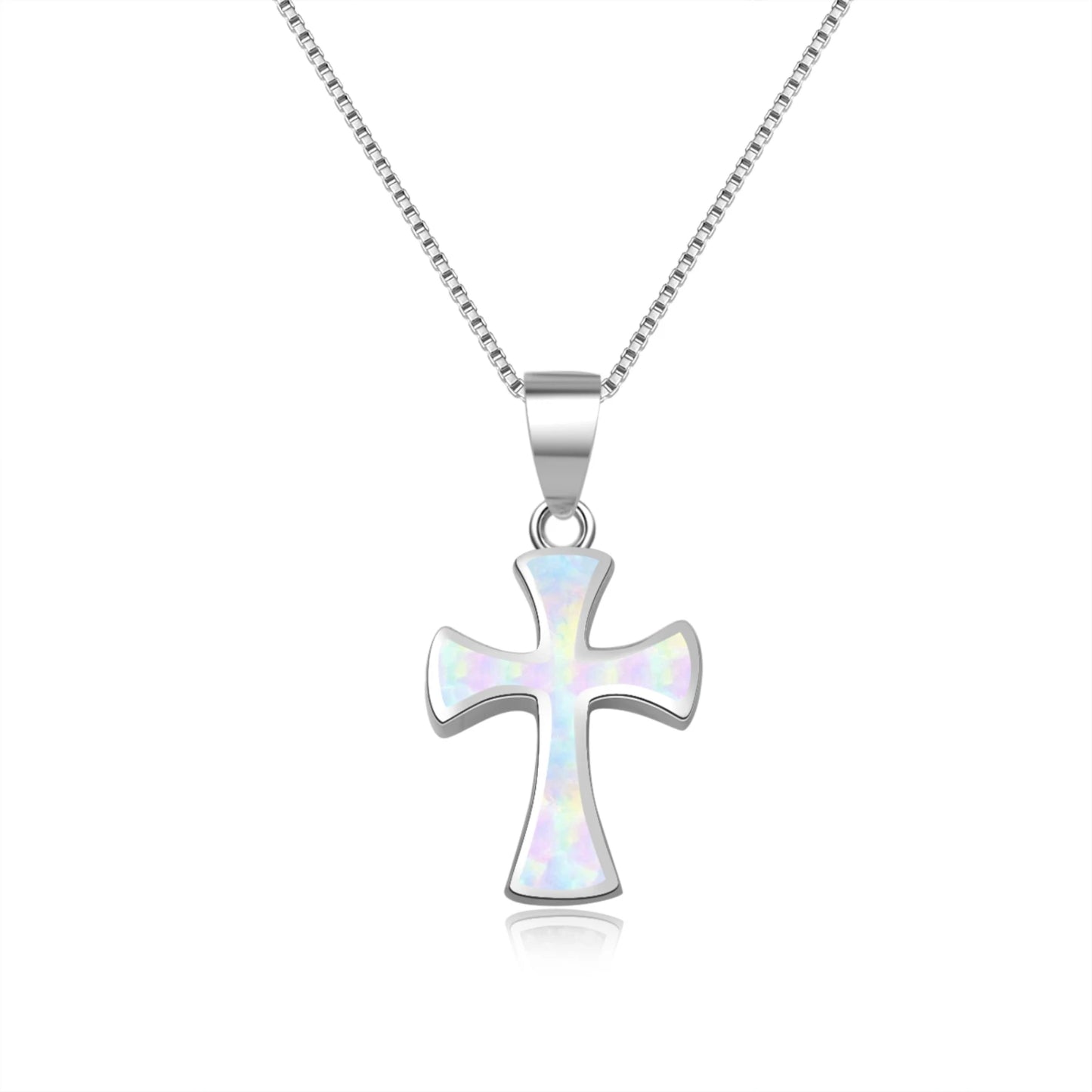 Dainty Opal Cross Necklace - Handcrafted Silver Plated Religious Jewelry Bulk for Ladies