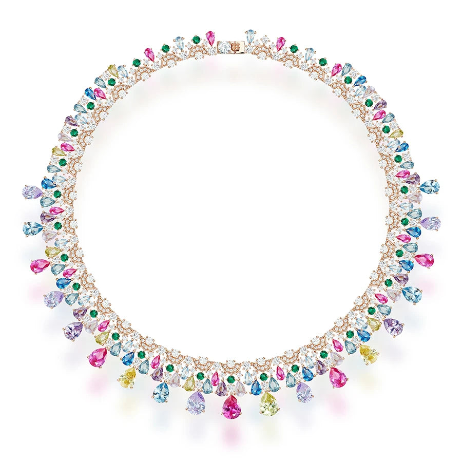 Retro Luxury Women's Fashionable rainbow Jewelry Necklace Earring Set Brass Cubic Zirconia Luxury Dinner Pairing