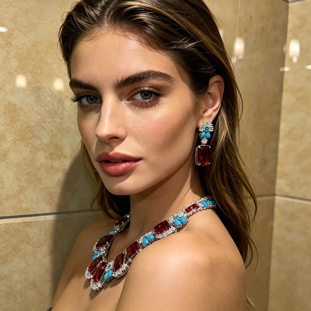 XM S406 Marquise Zircon Floral Choker Necklace & Drop Earrings Set