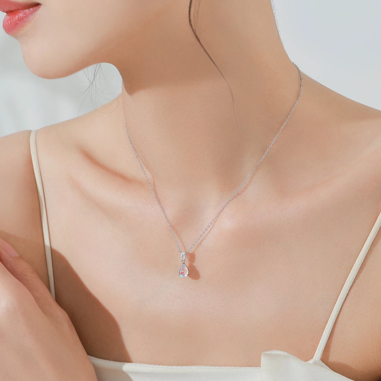Ailmay 925 Sterling Silver Fashion Water Droplet Pendant Necklace Earrings for Women Wedding Engagement Jewelry Set
