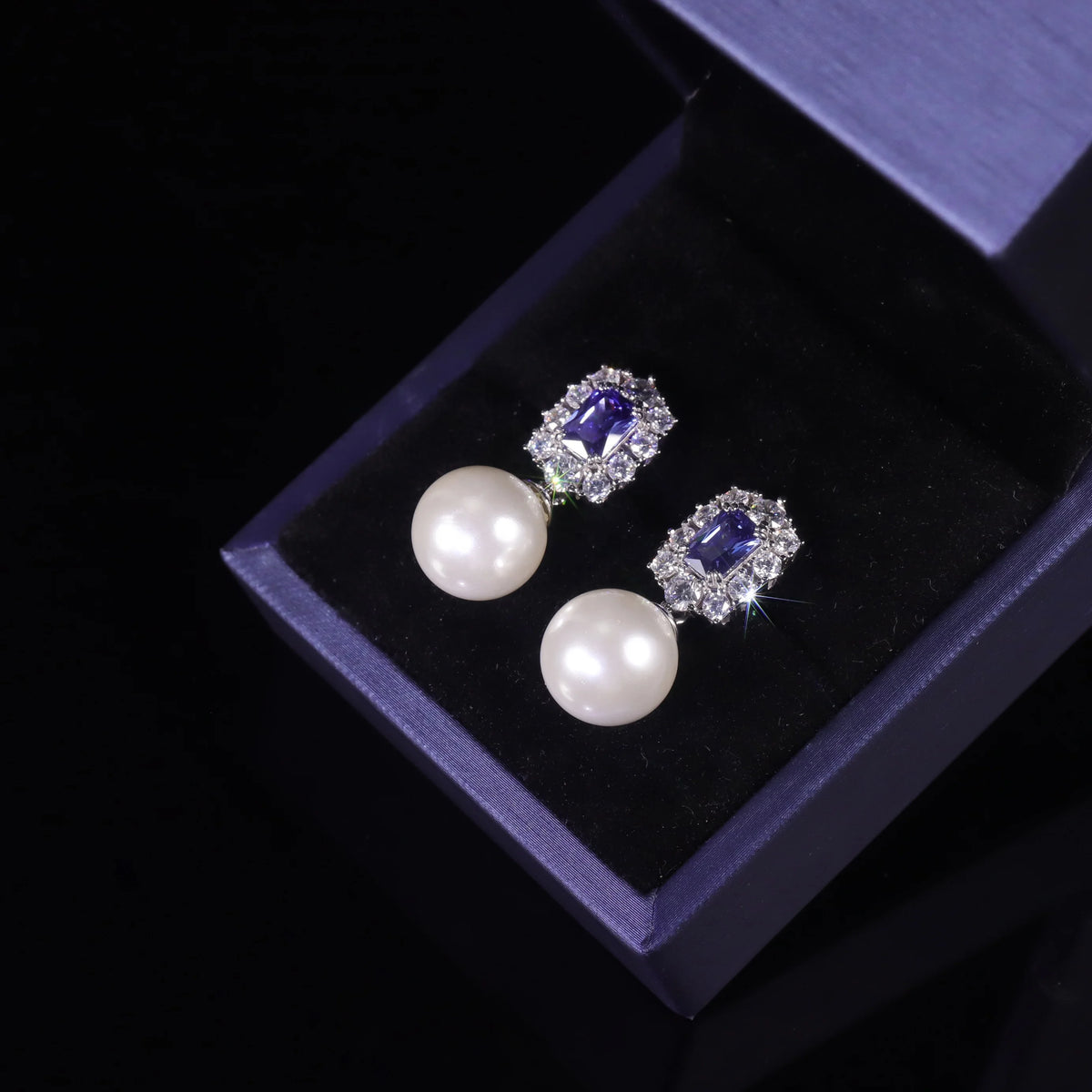 Gemfiori AE250 Abiding Luxury Tanzanite Blue Cubic Zirconia Cz Halo & Round 12MM Imitation Pearl S925 Silver Elegant Drop Stud Earrings