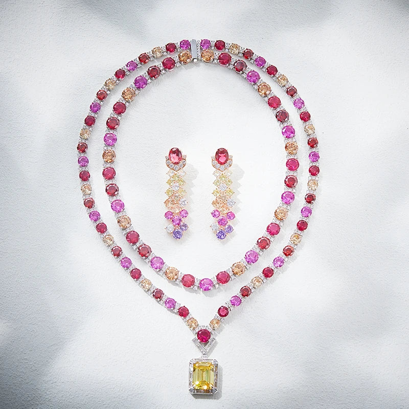 Rainbow High-End Jewelry Dubai Set Exaggerated India Zircon Double-Layer Necklace Long Earrings Trendy Women's Gifts Engagements