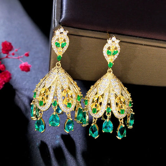 Lakshmi Indian Gold Plated Jhumka Jewelry Big Traditional Pave Green CZ Cubic Zirconia Drop Tassel Earrings for Women Evening Party Wear