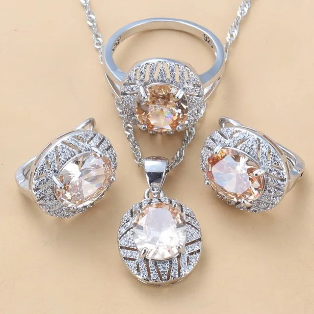 XOTICA Bridal Costume Jewelry Sets With Zirconia 925 Silver Dangle Clip Earrings and Ring 3 Piece Set for Women Wedding Gift