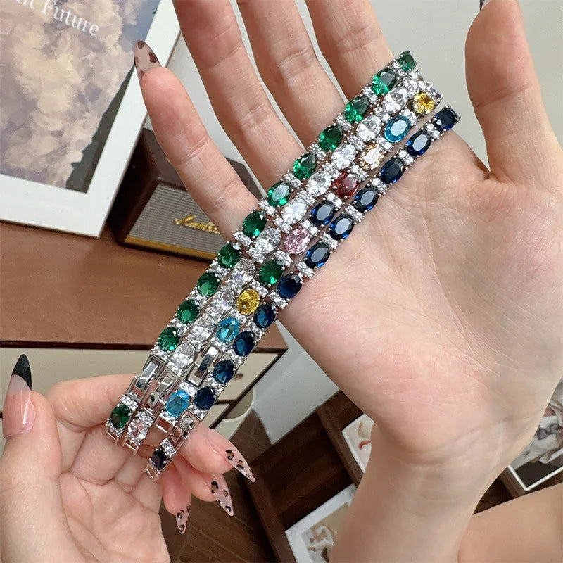 Hip Hop Korean Style Jewelry Oval Cut AAA Cubic Zirconia Blue Bracelet for Women Wedding Party Engagement Simple Versatile Gift