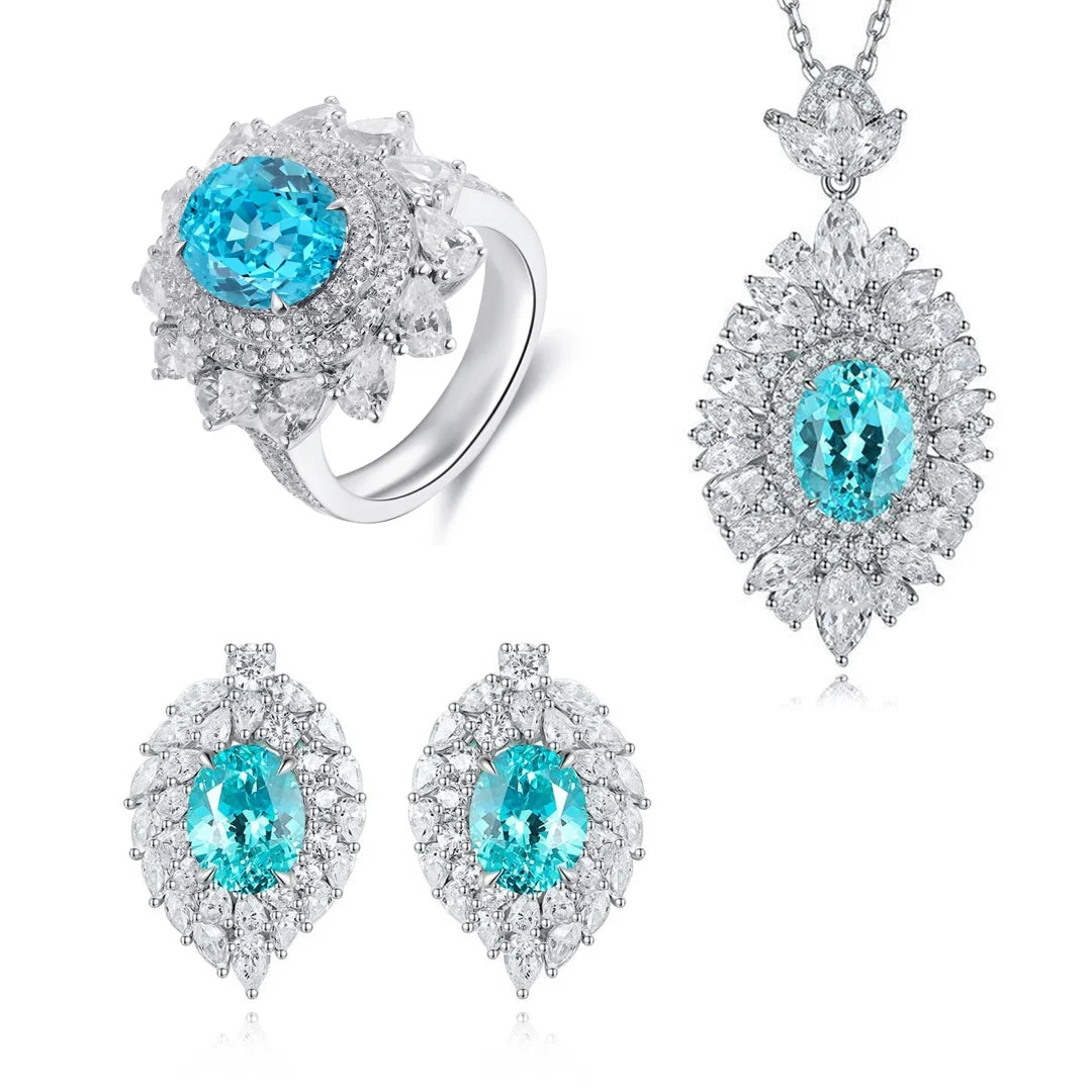 Gemfiori Sterling 925 Silver Lab Grown Paraiba Luxury Colorful Gemstone Set Includes Pendant, Earrings, Ring High End Gift for Her