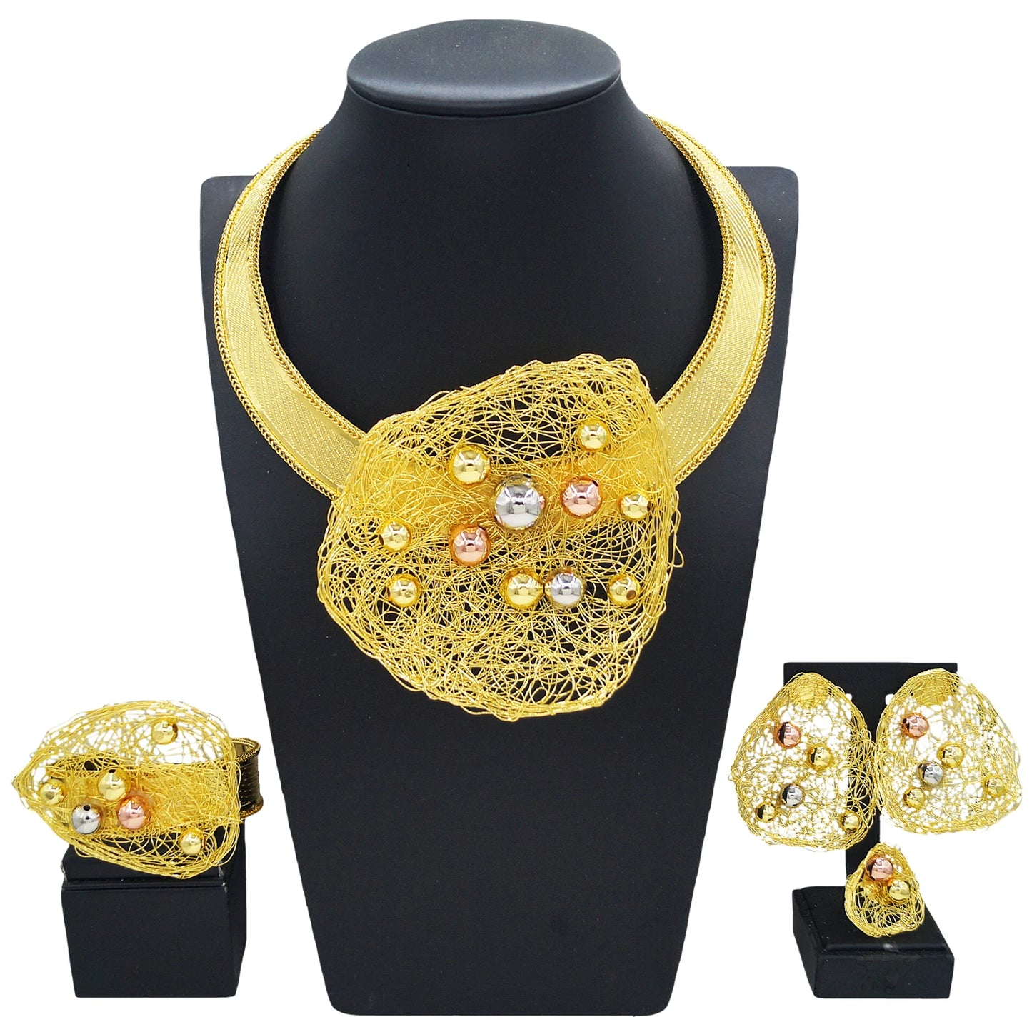 Brazilian Gold Handcrafted Jewelry Set Nigerian Italian Jewelry Sets Woman Wedding Necklace Bracelet Earrings Ring Charm Jewelry