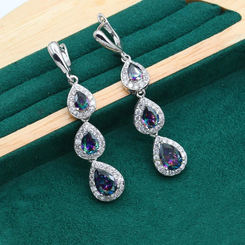 XOTICA Dubai Rainbow Zircon Silver Jewelry Set Ladies Long Earrings Ring Bracelet for Parties Engagements Christmas Gift