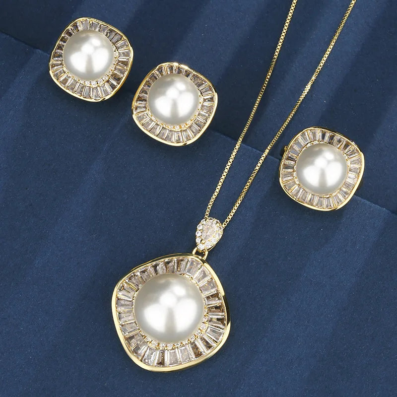 Gemfiori Hot Selling Gold White Pearl square Temperament Women's Copper Base Gold-plated Jewelry Bride Wedding Jewelry Set