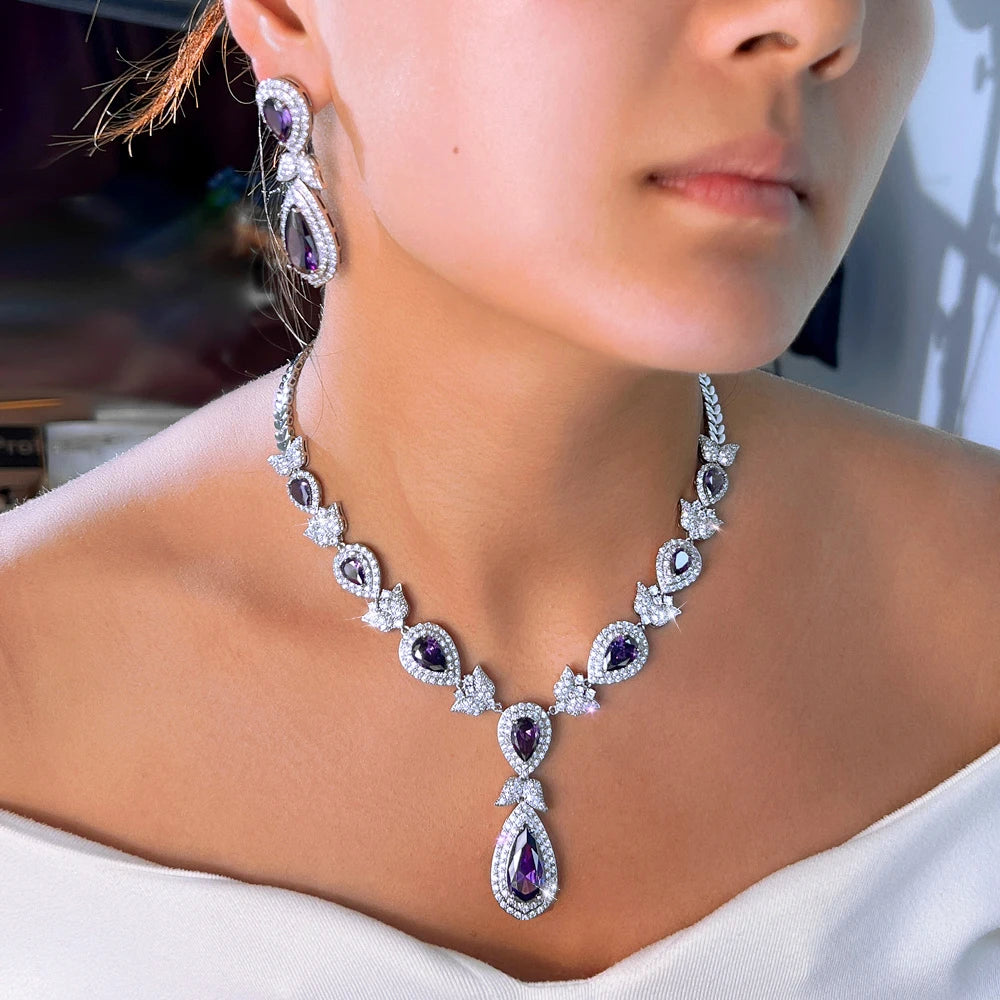 Gorgeous Purple White Cubic Zirconia Stone Luxury Big Long Water Drop Bridal Wedding Evening Party Jewelry Set for Women