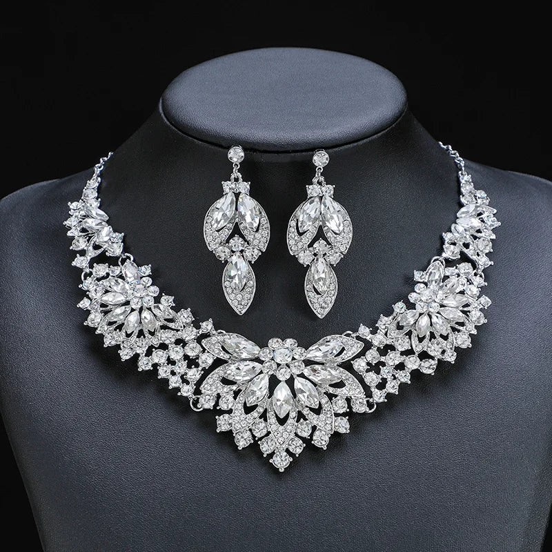 Retro Leaves & Flowers Crystal Necklace & Earrings Set | Exaggerated Luxury Bridal Jewellery | 10 Colours