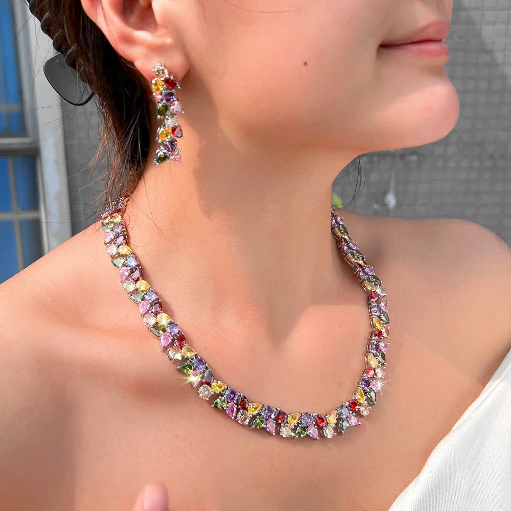 Super Luxury Cubic Zirconia Necklace and Earrings Set Women Colorful Jewelry Set for Party Prom Wedding Dress Accessories