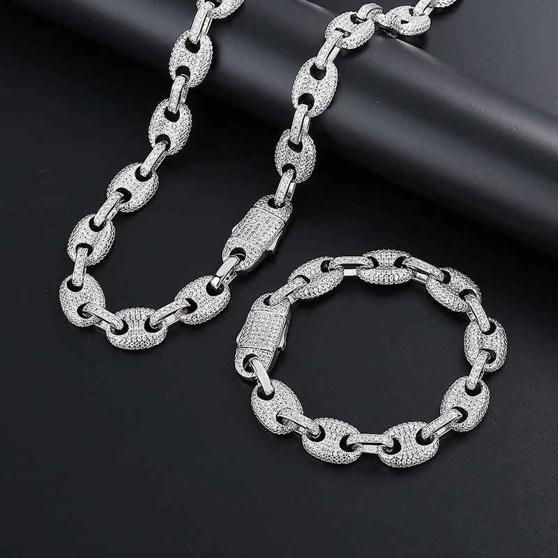 Wholesale Hip Hop Brass Jewelry Miami Cuban Chain Men's Necklace Bracelet Shiny Zircon Ice Out Jewelry Set Gift Wedding