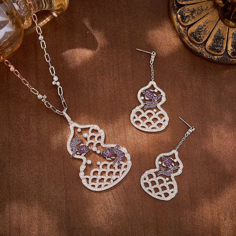 Brass Hollow Small Goldfish Gourd Long Necklace Earrings Two-piece Set Cubic Zirconia Women's Anniversary Gift