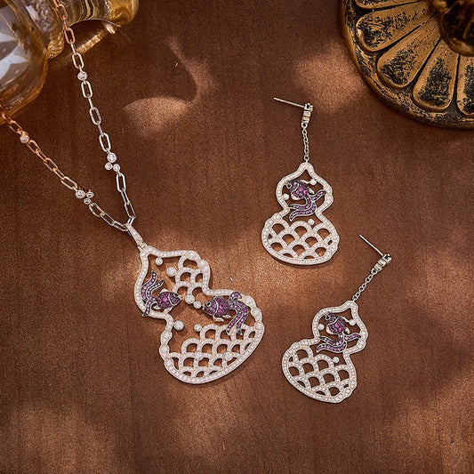 Brass Hollow Small Goldfish Gourd Long Necklace Earrings Two-piece Set Cubic Zirconia Women's Anniversary Gift