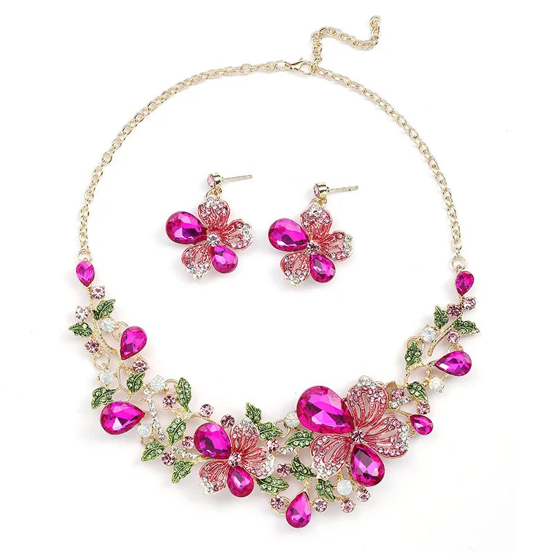 Zircon & Pearl Flower Necklace & Earrings Jewellery Set | Romantic Bridal Fashion Set